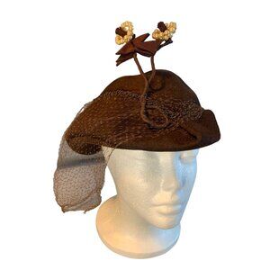 Ladies Brown Hat with Beaded Flowers and Netting by Boston Store Sz 22.5